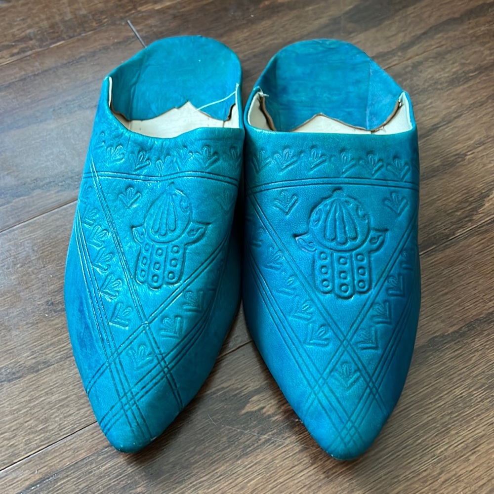 Teal Vrai Cuir Moroccan Hamsa Hand Mules handmade slipper size 7/8